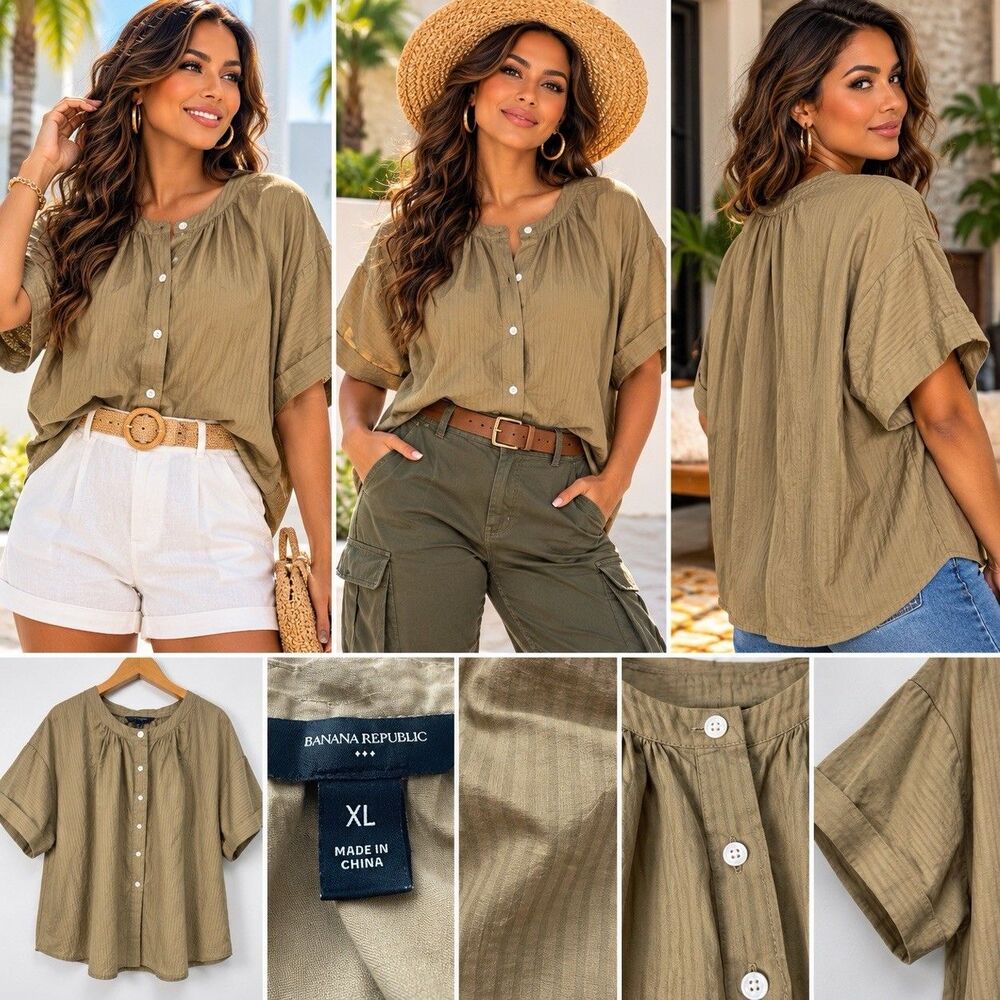 BANANA REPUBLIC SIZE XL TOP LIGHT TAN KHAKI COTTON BUTTON FRONT BLOUSE BOHO